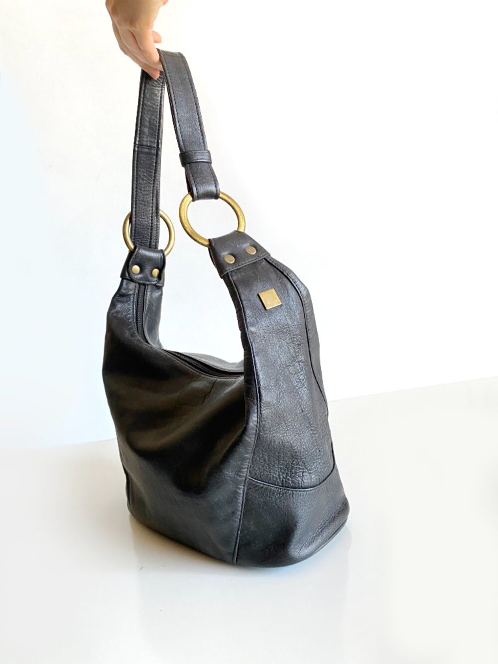 Vintage BC Black Convertible Leather Hobo Bag Shoulder, Backpack Boho - Picture 14 of 15